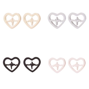 Set of four stainless steel heart stud earrings with heartbeat pattern in multi-color finish