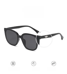 Detail of polarized square sunglasses featuring silver wing metal accents on the temple