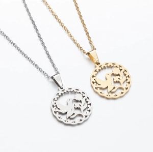 Geometric cutout bird and floral pendant necklace in gold and silver stainless steel finish