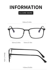 Detailed size chart for square frame sunglasses with precise measurements in mm and inches