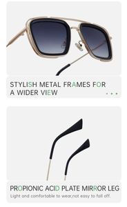 Detail of square metal sunglasses with grey lenses and propionic acid plate temple tips