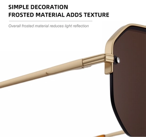 Detail of frosted metal temples and brown lenses on semi-rimless sunglasses