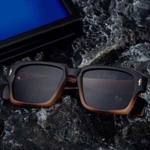 Premium rectangular square frame sunglasses with amber gradient and gold metal accents