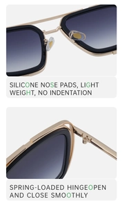 Detail of square sunglasses showing soft silicone nose pads and smooth metal spring hinges