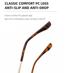 Detail view of anti-slip tortoiseshell glasses legs with gold metal hinges and PC material
