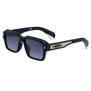 Retro square sunglasses with thick black frames and gold engraved temple accents