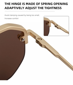 Detail of metal spring hinge on semi-rimless sunglasses for adaptive comfort and fit