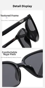 Detail of integrated nose pads and silver metal wing logo on black square sunglasses