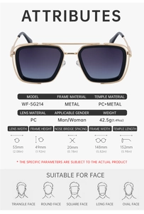 Detailed size chart of retro square sunglasses featuring hollow double bridge metal frame