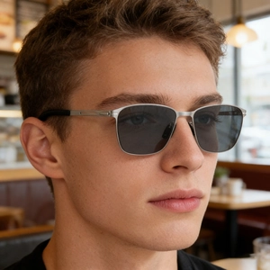Men square polarized nylon sunglasses with minimalist silver stainless steel frame