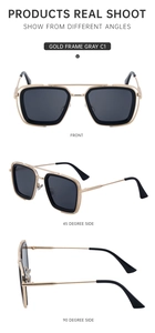 Three-view layout showing gold square frame sunglasses with grey lenses and dual-beam design