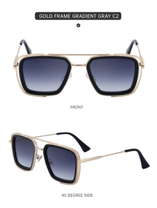 Front and 45-degree angle views of gold square sunglasses with gradient gray lenses