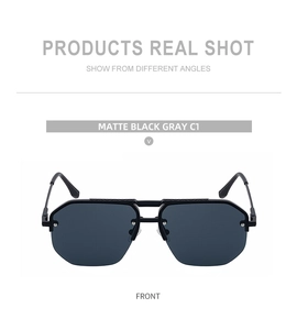 Front view of matte black geometric sunglasses with dual-beam frame and grey lenses