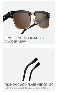 Detail of square vintage sunglasses showing black gold frame and lightweight propionic temples