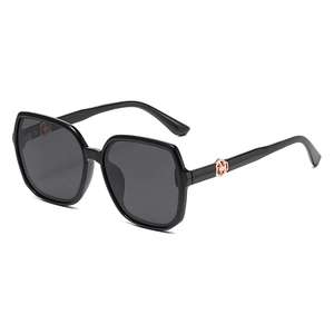 Women's black square polarized sunglasses with elegant rose gold hexagonal metal accents