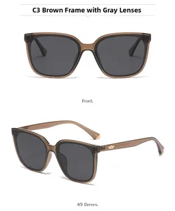 Detailed views of square tea frame sunglasses with grey lenses and gold wing metal logo