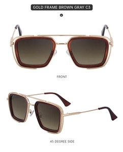 Front and 45-degree views of gold metal square aviator sunglasses with brown gray lenses