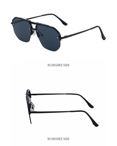 Detail view of semi-rimless sunglasses showing metal temples and 45-degree angle