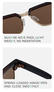 Detail showing silicone nose pads and spring-loaded hinge of the square frame sunglasses
