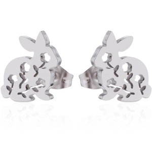 Detailed close-up of cute rabbit stud earrings with hollow floral pattern in silver