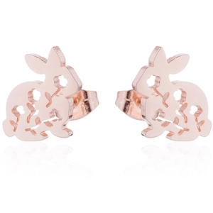Detail of rose gold bunny stud earrings with intricate floral cutout patterns