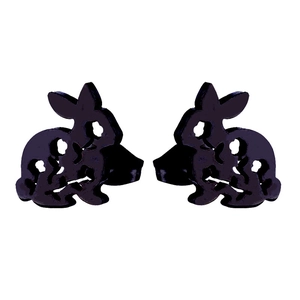 Close-up of minimalist black hollow bunny stud earrings in stainless steel with butterfly backs