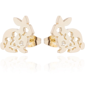 Detailed close-up of rabbit stud earrings in gold with floral hollow-out design patterns