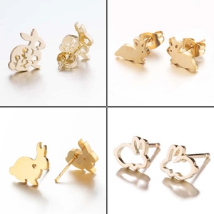 Cute golden rabbit stud earrings set with minimalist bunny silhouette and cut-out designs