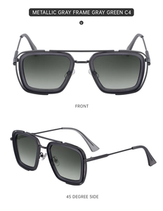 Front and 45-degree side view of metallic gray square sunglasses with gray green lenses
