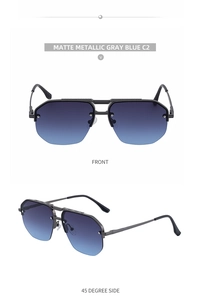 Front and 45-degree side view of matte gray half-rim sunglasses with blue gradient lenses