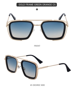 Front and side view of gold frame pilot sunglasses with green orange gradient lenses