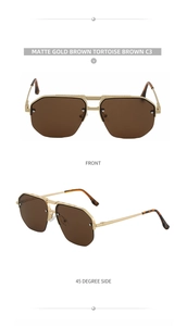 Front and 45-degree views of matte gold semi-rimless sunglasses with brown lenses