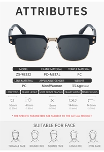 Detailed dimension chart for semi-rimless sunglasses with PC frame and gold rivets