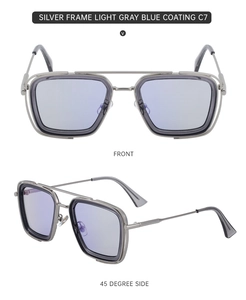 Detailed front and side view of silver square sunglasses with light gray blue coated lenses