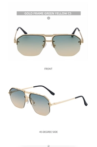 Detailed front and side views of gold semi-rimless sunglasses with green gradient lenses