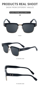 Three-angle view of semi-rimless retro sunglasses with black frames and gold metal accents