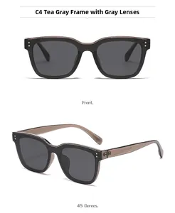 Détail des lunettes de soleil carrées polarisées avec monture gris thé et rivets doubles