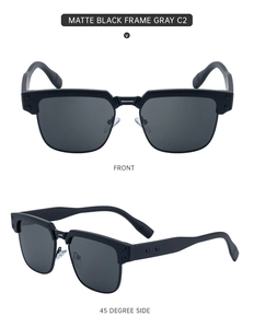 Detail view of matte black half-frame sunglasses with gray lenses and rivet accents