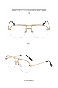 Detail view of gold metal semi-rimless frames with anti blue-ray lenses and double bridge