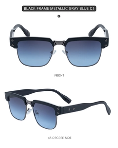 Close-up of metallic gray blue square sunglasses with black frame and gradient lenses