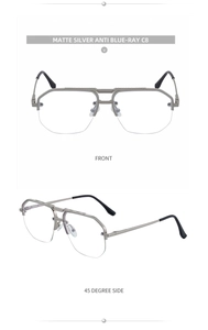 Detailed view of matte silver semi-rimless frames with geometric engravings and double bridge