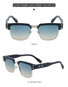Front and side view of retro half-frame sunglasses with gold-tone metal and black accents