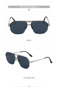 Front and 45-degree side views of matte silver gray polygonal semi-rimless sunglasses