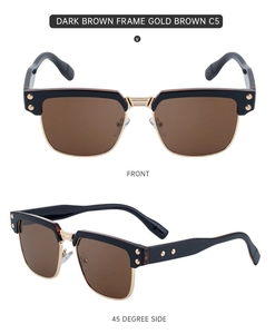 Detail of retro semi-rimless sunglasses with dark brown frame and golden metal accents