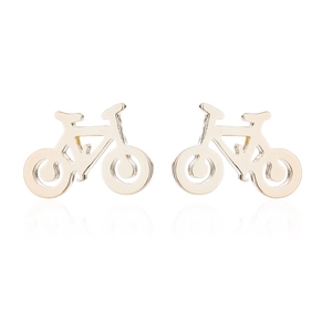 Boucles d'oreilles vélo dorées polies montrant le cadre détaillé et le reflet miroir