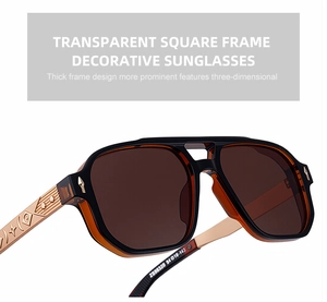 Détail de lunettes de soleil carrées avec branches dorées et rivets en flèche vintage