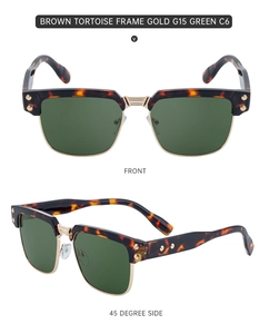 Detail of retro square sunglasses with tortoise frame, gold accents and green lenses