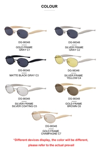 Multiple color options for oval metal sunglasses including gold, silver, and matte black