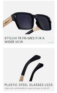 Detail of square sunglasses with TR frame, steel-plastic temples and polarized lenses