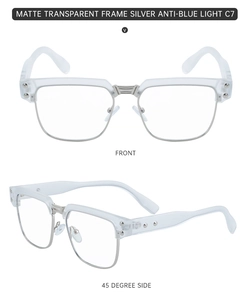 Detail view of square frame glasses in matte transparent finish with silver metal accents